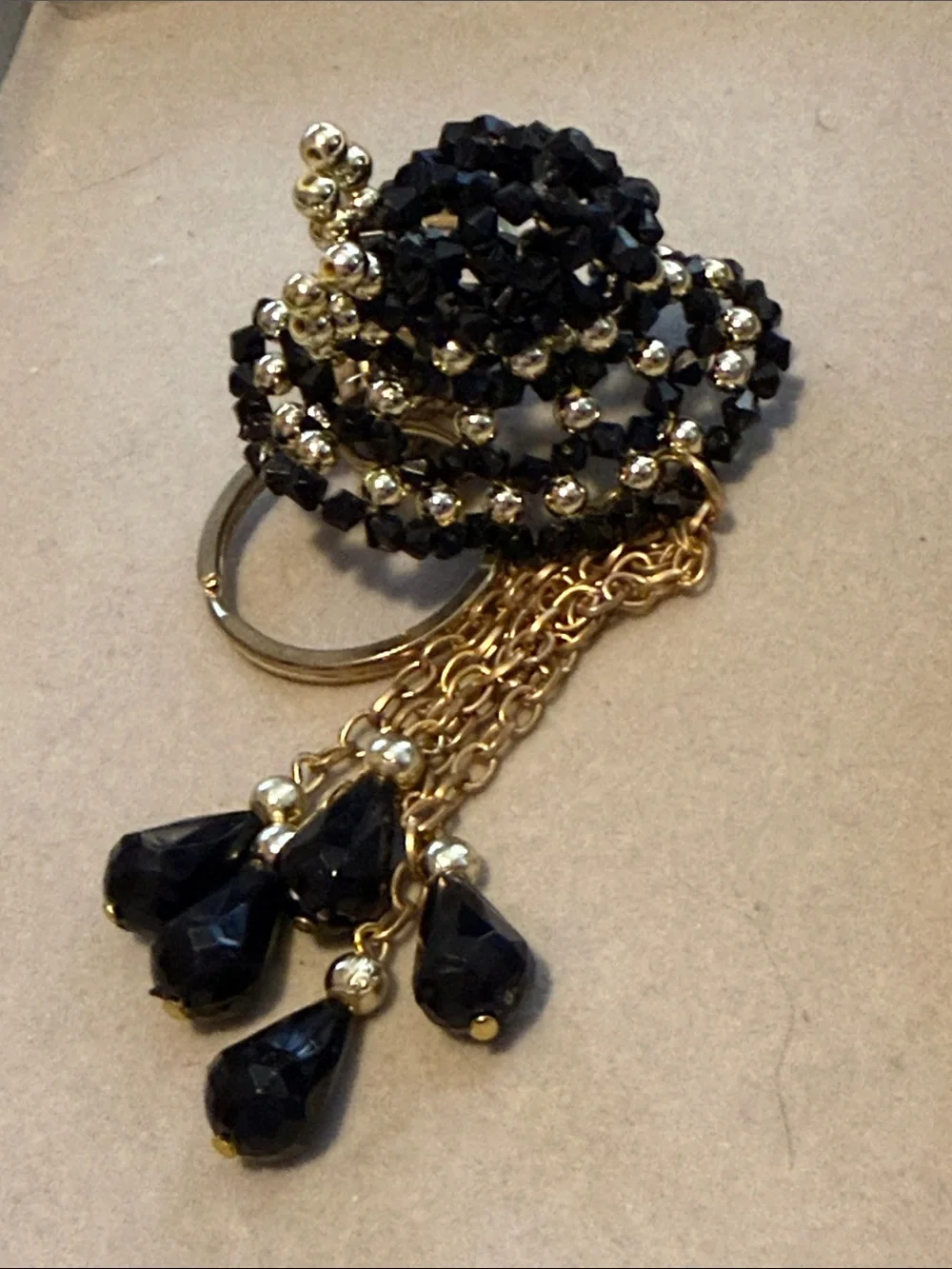 Gold and Black Beaded Tassel Keychain - Women's Accessory
